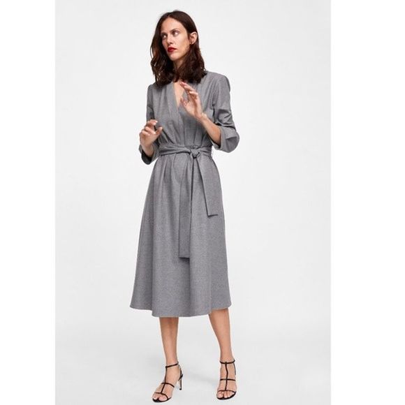 Zara Dresses & Skirts - Zara Pleated Gray Midi Dress with Sash